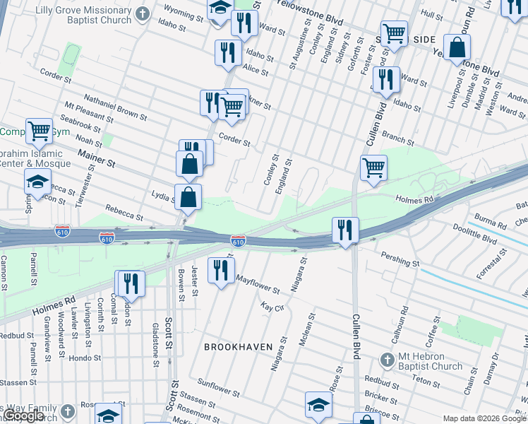 map of restaurants, bars, coffee shops, grocery stores, and more near 7347 England Street in Houston
