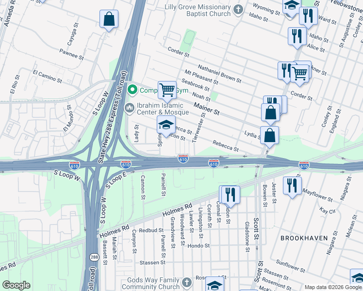 map of restaurants, bars, coffee shops, grocery stores, and more near 316 Tierwester Village Street in Houston