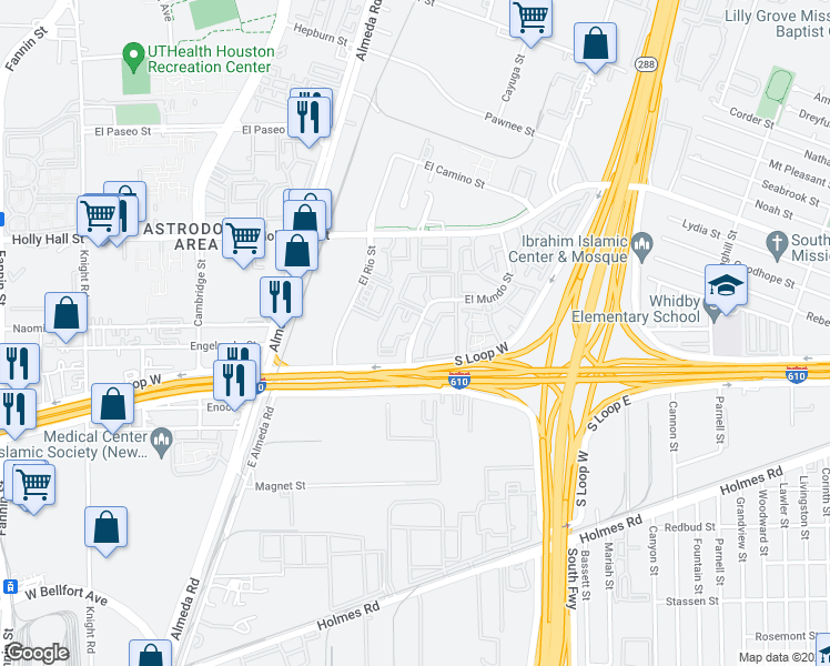 map of restaurants, bars, coffee shops, grocery stores, and more near 8383 El Mundo Street in Houston