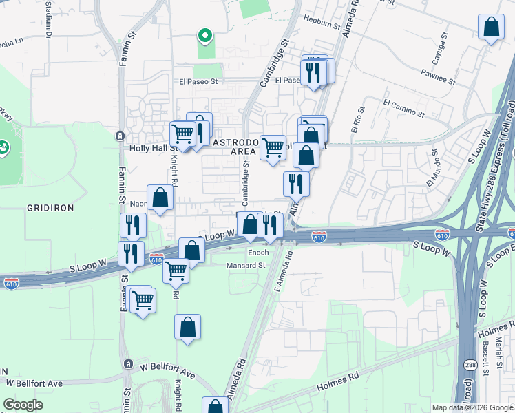 map of restaurants, bars, coffee shops, grocery stores, and more near 8509 Cambridge Street in Houston