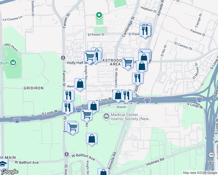 map of restaurants, bars, coffee shops, grocery stores, and more near 2216 Naomi Street in Houston