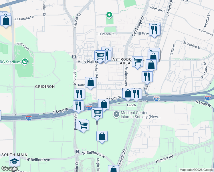map of restaurants, bars, coffee shops, grocery stores, and more near 2124 Naomi Street in Houston