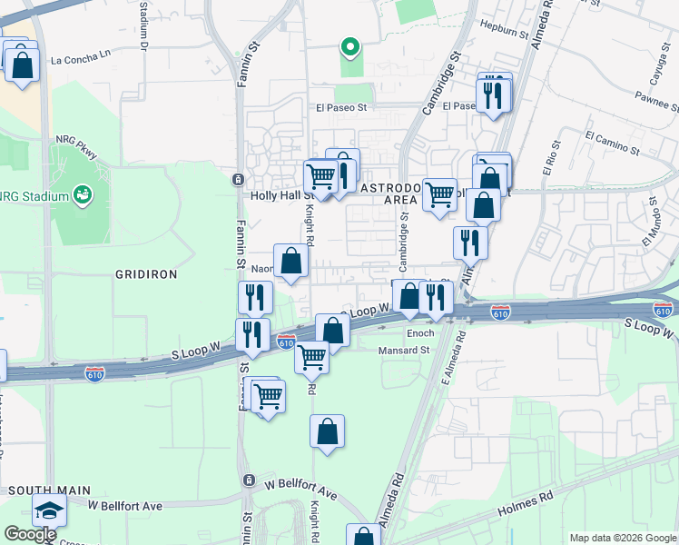 map of restaurants, bars, coffee shops, grocery stores, and more near 2124 Naomi Street in Houston