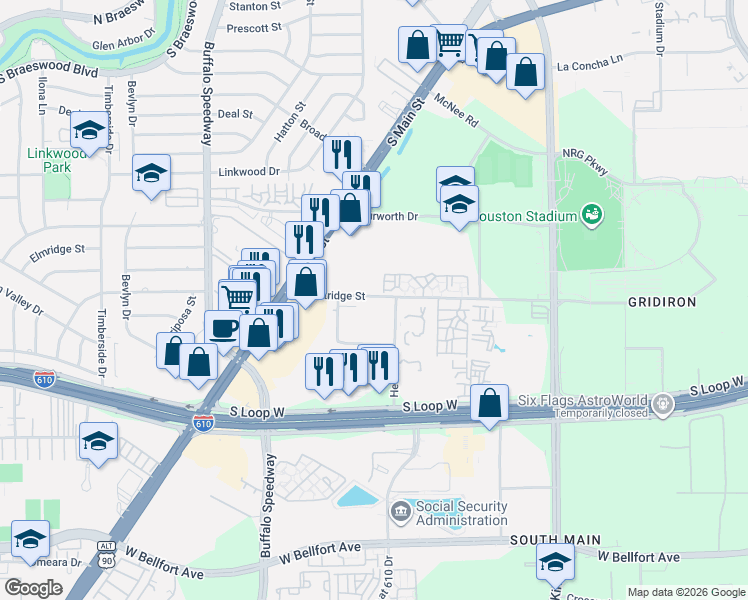 map of restaurants, bars, coffee shops, grocery stores, and more near in Houston