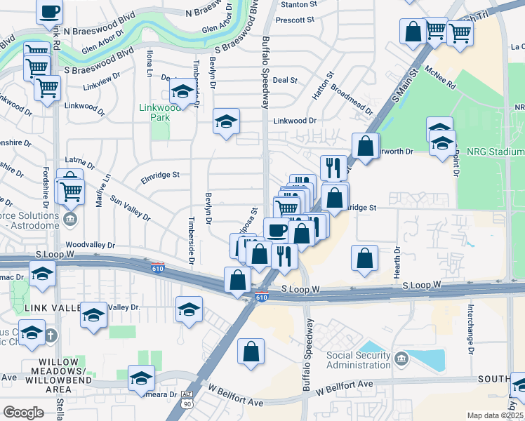 map of restaurants, bars, coffee shops, grocery stores, and more near 9514 Pemberton Trace in Houston