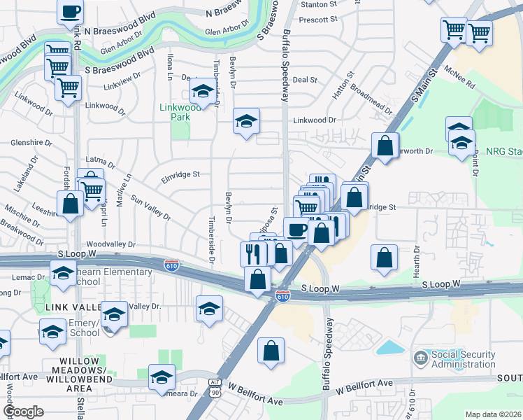 map of restaurants, bars, coffee shops, grocery stores, and more near 3221 Westridge Street in Houston