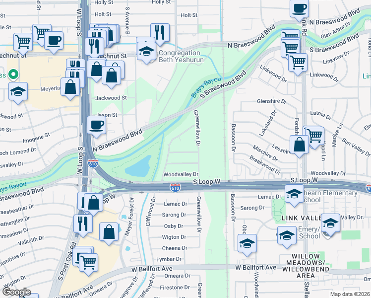 map of restaurants, bars, coffee shops, grocery stores, and more near 4410 Breakwood Drive in Houston