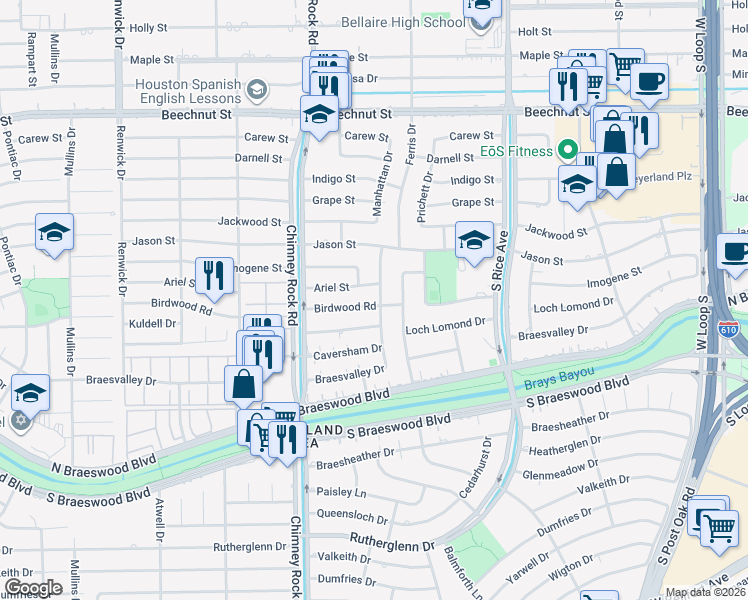 map of restaurants, bars, coffee shops, grocery stores, and more near 5214 Birdwood Road in Houston