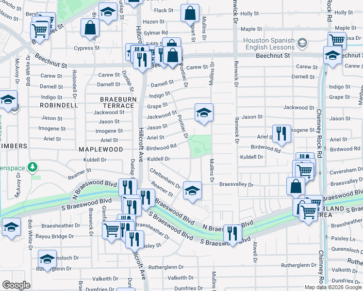 map of restaurants, bars, coffee shops, grocery stores, and more near 8906 Pontiac Drive in Houston
