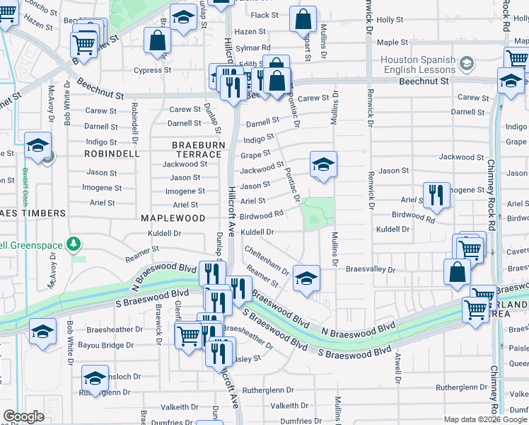 map of restaurants, bars, coffee shops, grocery stores, and more near 5746 Birdwood Road in Houston