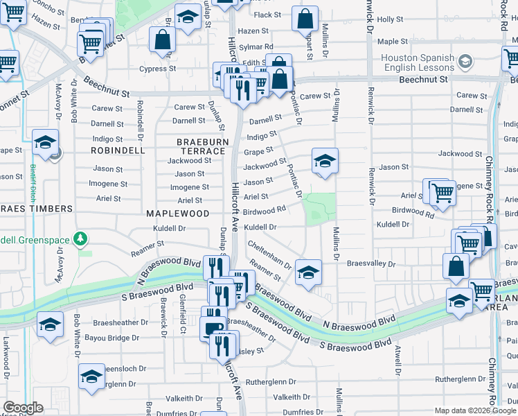 map of restaurants, bars, coffee shops, grocery stores, and more near 5746 Birdwood Road in Houston
