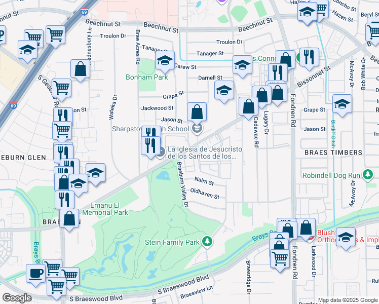 map of restaurants, bars, coffee shops, grocery stores, and more near 7805 Rue Saint Cyr Street in Houston