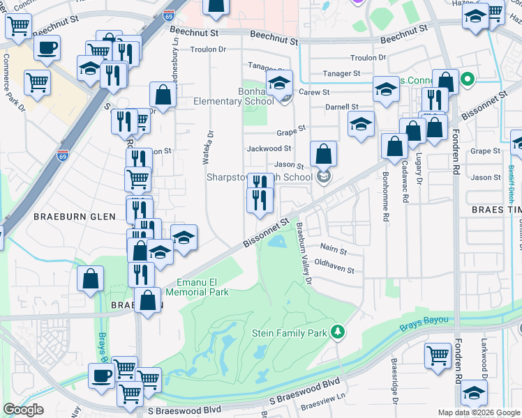 map of restaurants, bars, coffee shops, grocery stores, and more near 7950 Bissonnet Street in Houston