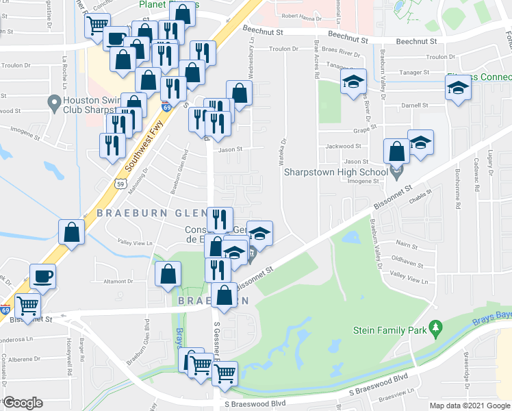 map of restaurants, bars, coffee shops, grocery stores, and more near 8349 Nairn Street in Houston