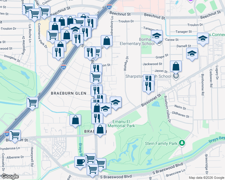 map of restaurants, bars, coffee shops, grocery stores, and more near 8349 Nairn Street in Houston