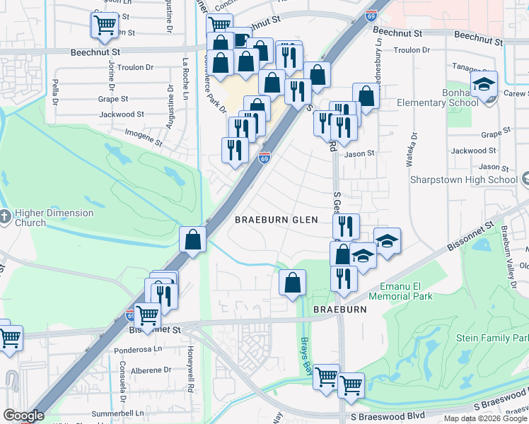 map of restaurants, bars, coffee shops, grocery stores, and more near 8911 Reamer Street in Houston