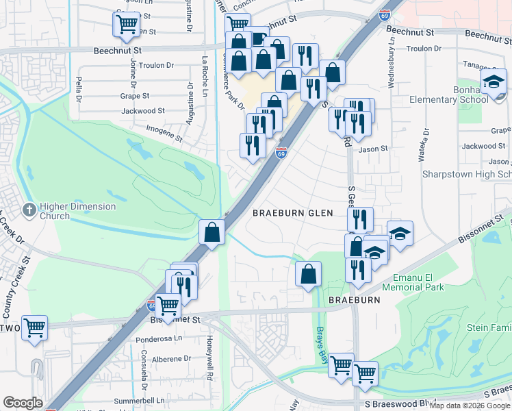 map of restaurants, bars, coffee shops, grocery stores, and more near 9326 Mahoning Drive in Houston