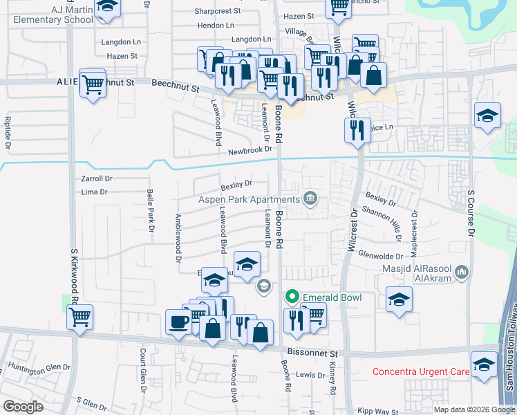map of restaurants, bars, coffee shops, grocery stores, and more near 11202 Riderwood Drive in Houston