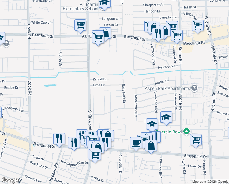 map of restaurants, bars, coffee shops, grocery stores, and more near 8710 Ketchwood Drive in Houston