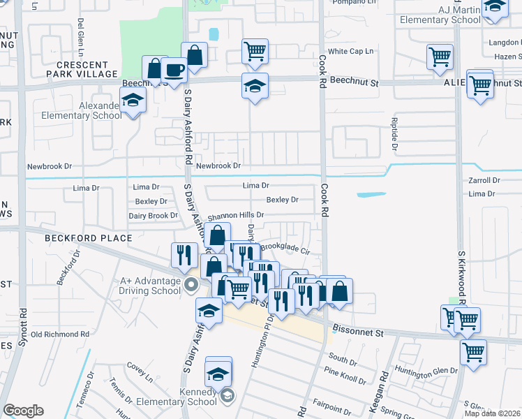 map of restaurants, bars, coffee shops, grocery stores, and more near 12422 Shannon Hills Drive in Houston