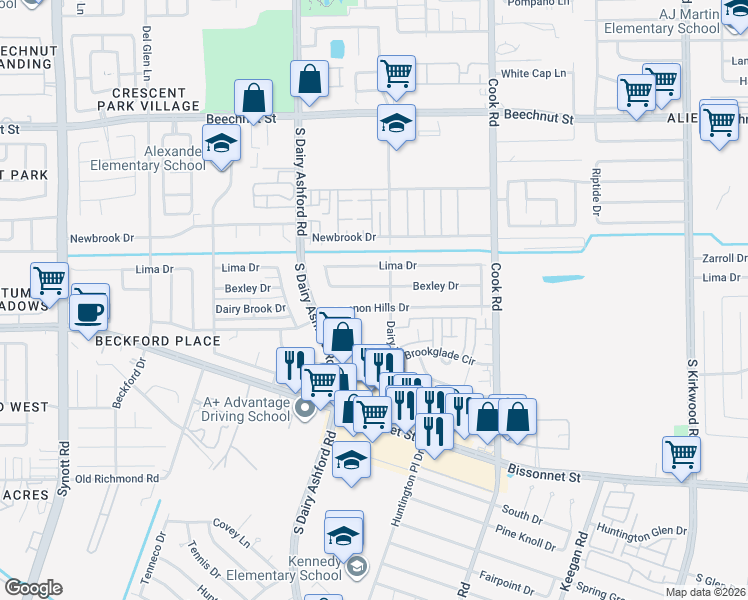 map of restaurants, bars, coffee shops, grocery stores, and more near 12510 Shannon Hills Drive in Houston