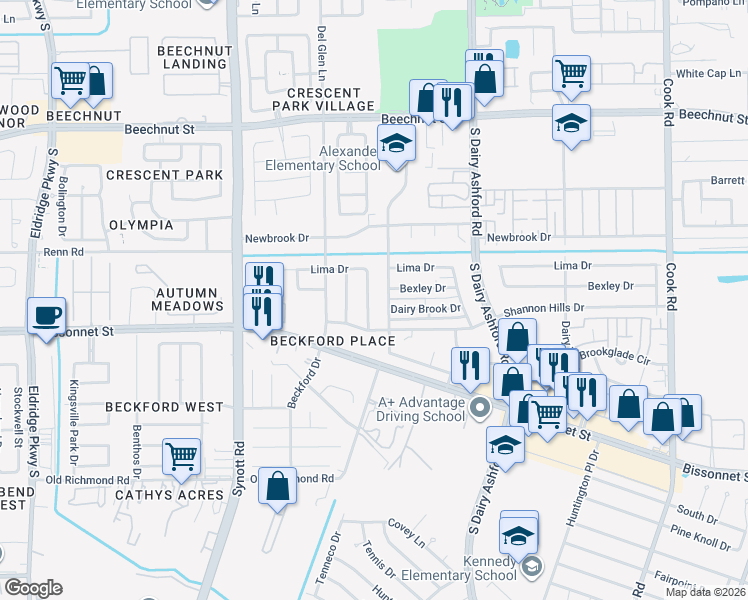 map of restaurants, bars, coffee shops, grocery stores, and more near 8819 Beau Monde Drive in Houston