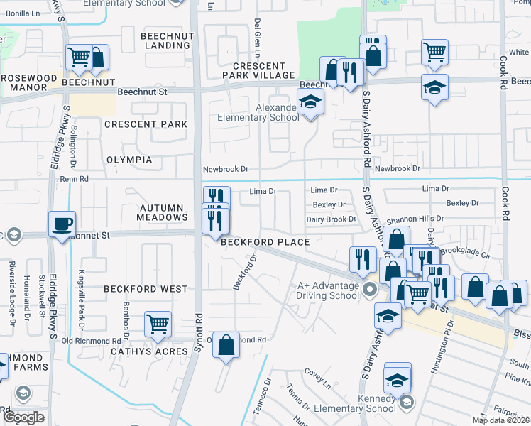map of restaurants, bars, coffee shops, grocery stores, and more near 8818 Brummel Drive in Houston