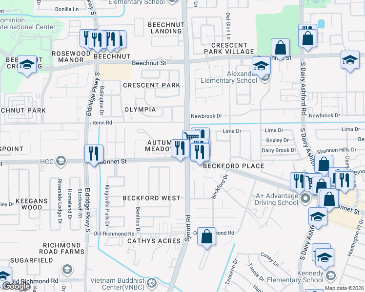 map of restaurants, bars, coffee shops, grocery stores, and more near 13115 Sleepy Creek Meadows in Houston