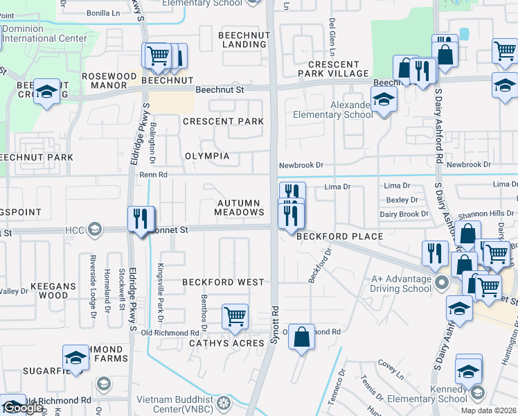 map of restaurants, bars, coffee shops, grocery stores, and more near 13222 Sleepy Creek Meadows in Houston
