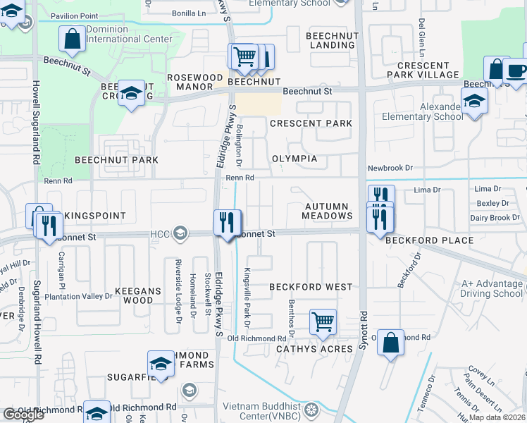 map of restaurants, bars, coffee shops, grocery stores, and more near 8907 Cedar Mound Lane in Houston