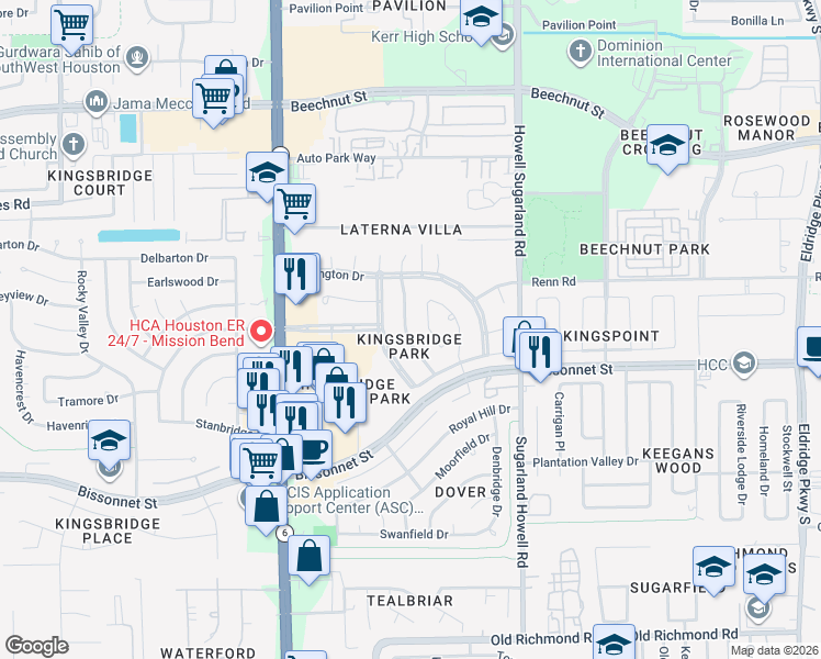 map of restaurants, bars, coffee shops, grocery stores, and more near 8907 Emerald Heights Lane in Houston