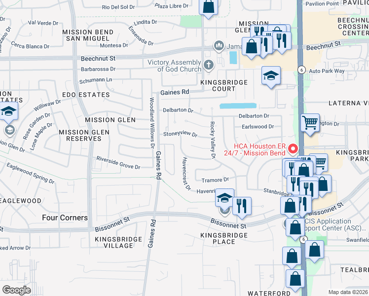 map of restaurants, bars, coffee shops, grocery stores, and more near 15035 Rock Knoll Drive in Houston