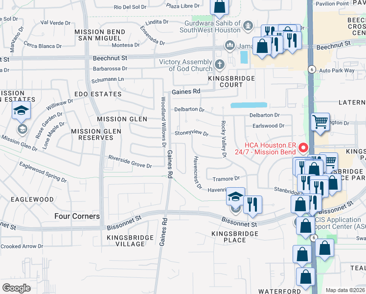 map of restaurants, bars, coffee shops, grocery stores, and more near 9010 Knightsland Trail in Houston