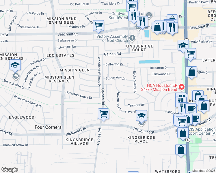 map of restaurants, bars, coffee shops, grocery stores, and more near 9010 Knightsland Trail in Houston