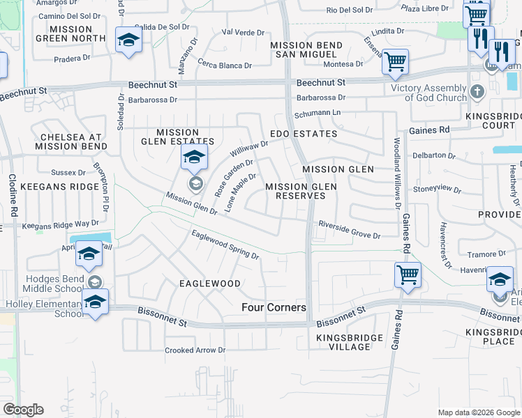 map of restaurants, bars, coffee shops, grocery stores, and more near 15918 Riverside Grove Drive in Houston