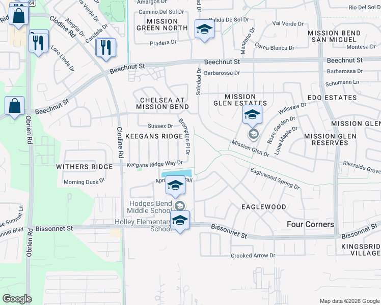 map of restaurants, bars, coffee shops, grocery stores, and more near 8515 Brompton Place Drive in Houston