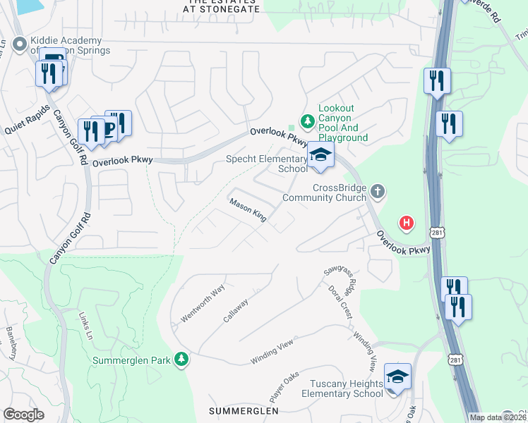 map of restaurants, bars, coffee shops, grocery stores, and more near 1652 Mason King in San Antonio