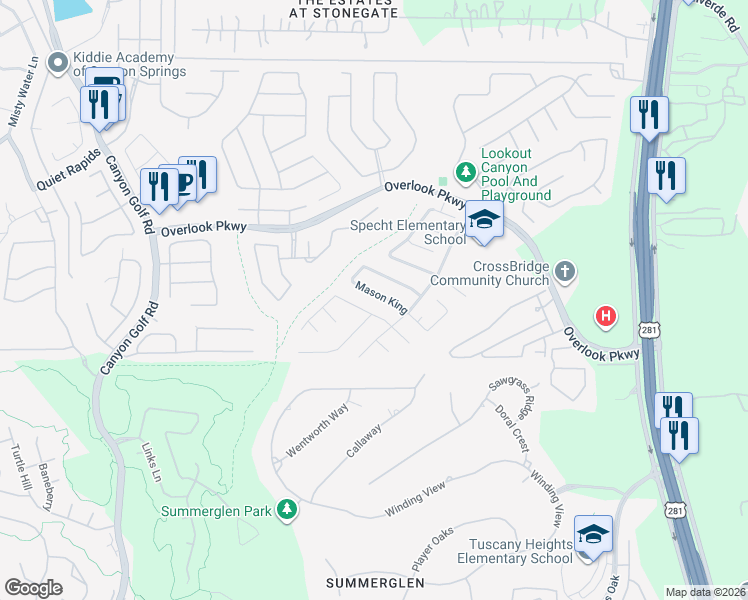 map of restaurants, bars, coffee shops, grocery stores, and more near 1652 Mason King in San Antonio