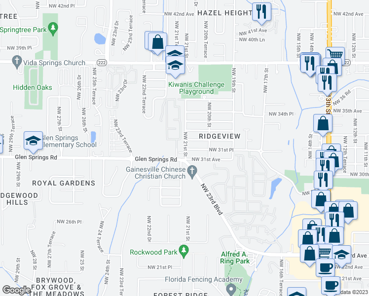 map of restaurants, bars, coffee shops, grocery stores, and more near 3126 Northwest 21st Street in Gainesville