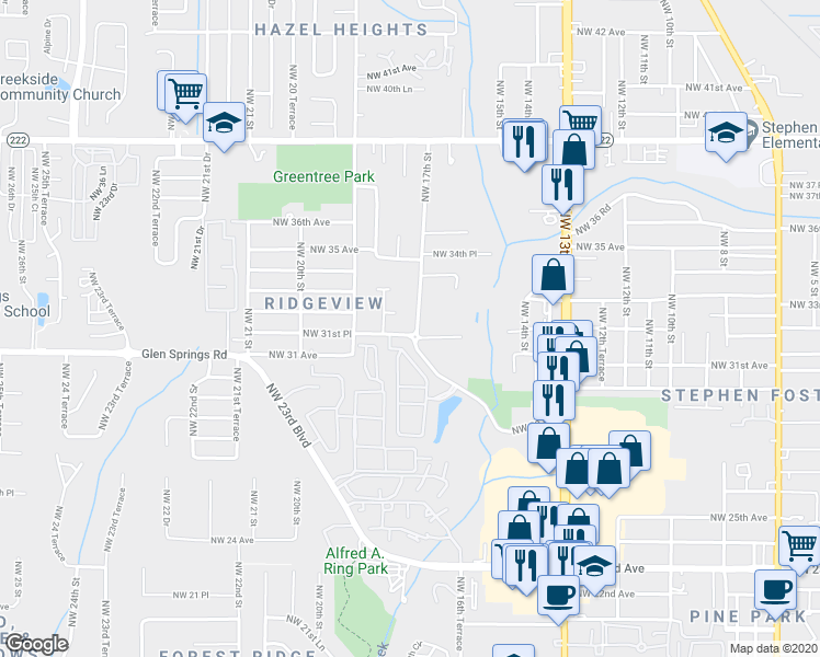 map of restaurants, bars, coffee shops, grocery stores, and more near 3102 Northwest 17th Street in Gainesville