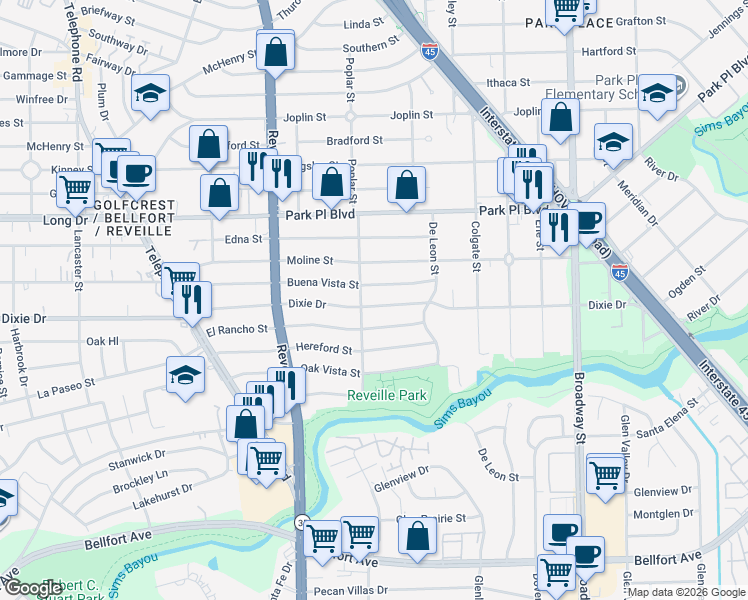 map of restaurants, bars, coffee shops, grocery stores, and more near 7711 Dixie Drive in Houston