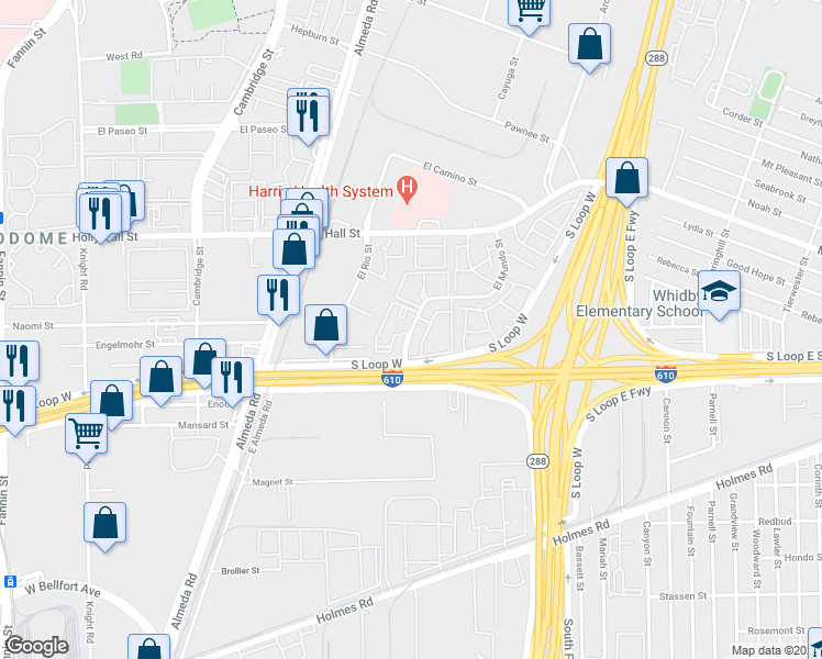 map of restaurants, bars, coffee shops, grocery stores, and more near 8307 El Mundo Street in Houston
