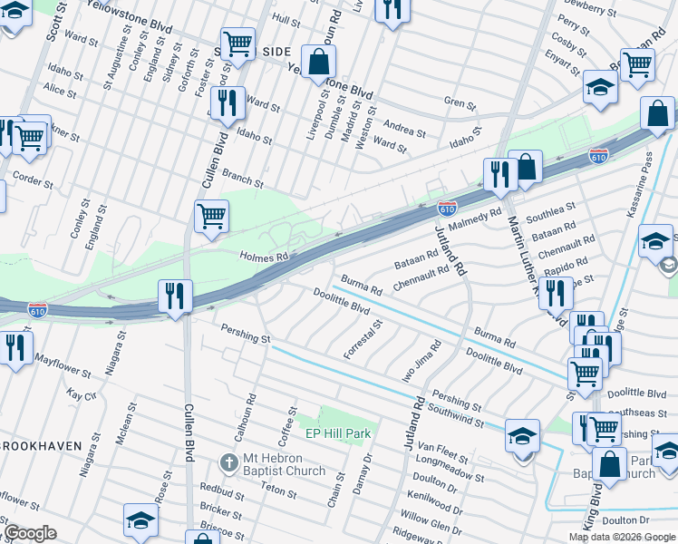 map of restaurants, bars, coffee shops, grocery stores, and more near 7209 Calais Road in Houston