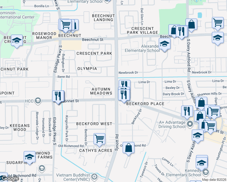 map of restaurants, bars, coffee shops, grocery stores, and more near 13115 Sleepy Creek Meadows in Houston