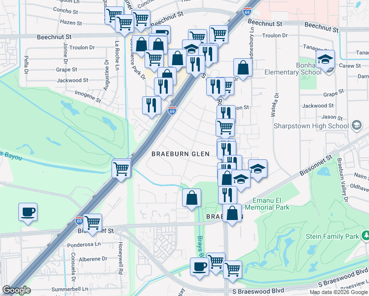 map of restaurants, bars, coffee shops, grocery stores, and more near 8811 Shadow Crest St in Houston