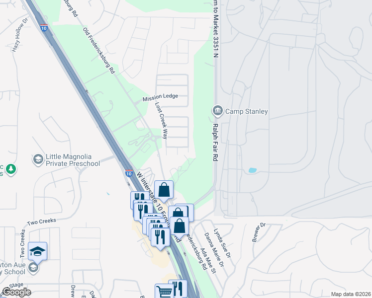 map of restaurants, bars, coffee shops, grocery stores, and more near 25607 Presidio Alley in Boerne