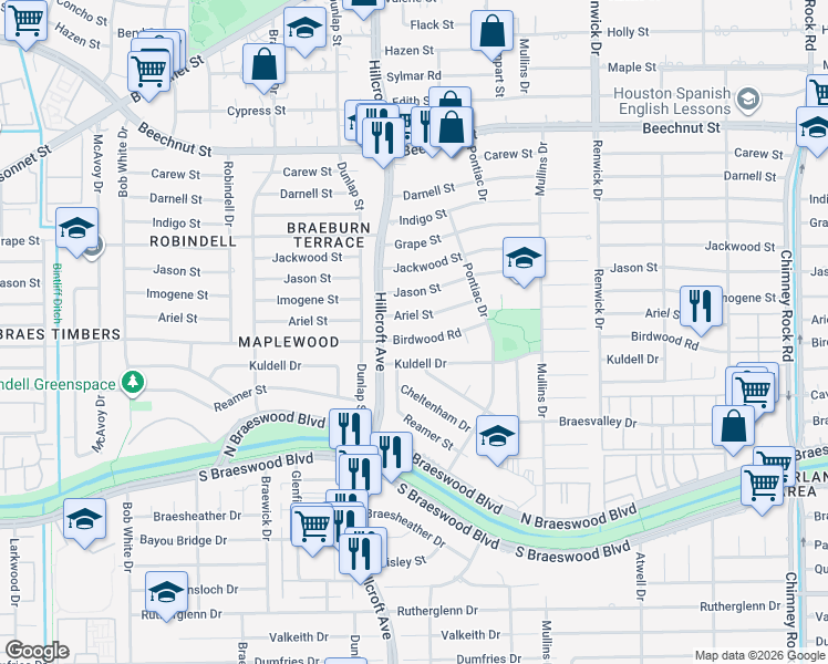 map of restaurants, bars, coffee shops, grocery stores, and more near 5746 Birdwood Road in Houston