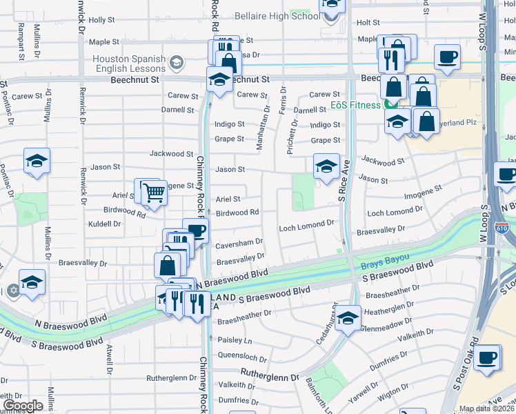 map of restaurants, bars, coffee shops, grocery stores, and more near 5214 Birdwood Road in Houston