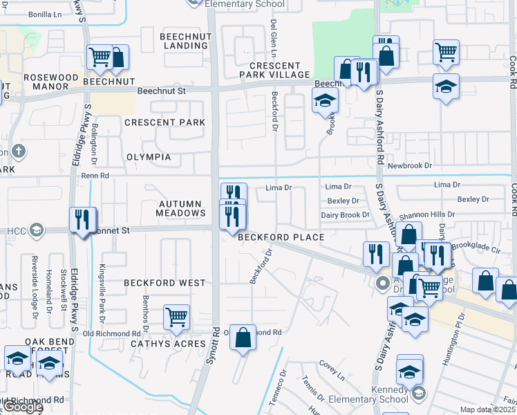 map of restaurants, bars, coffee shops, grocery stores, and more near 13027 Bacard Lane in Houston