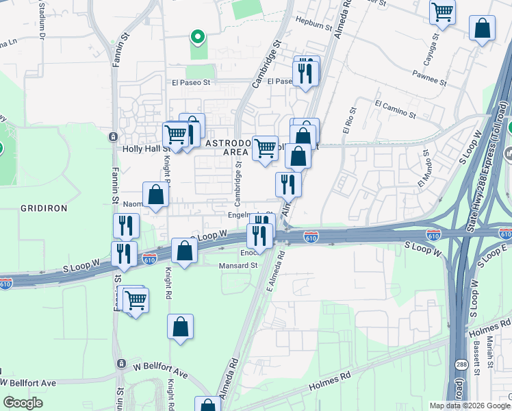 map of restaurants, bars, coffee shops, grocery stores, and more near 2334 Naomi Street in Houston